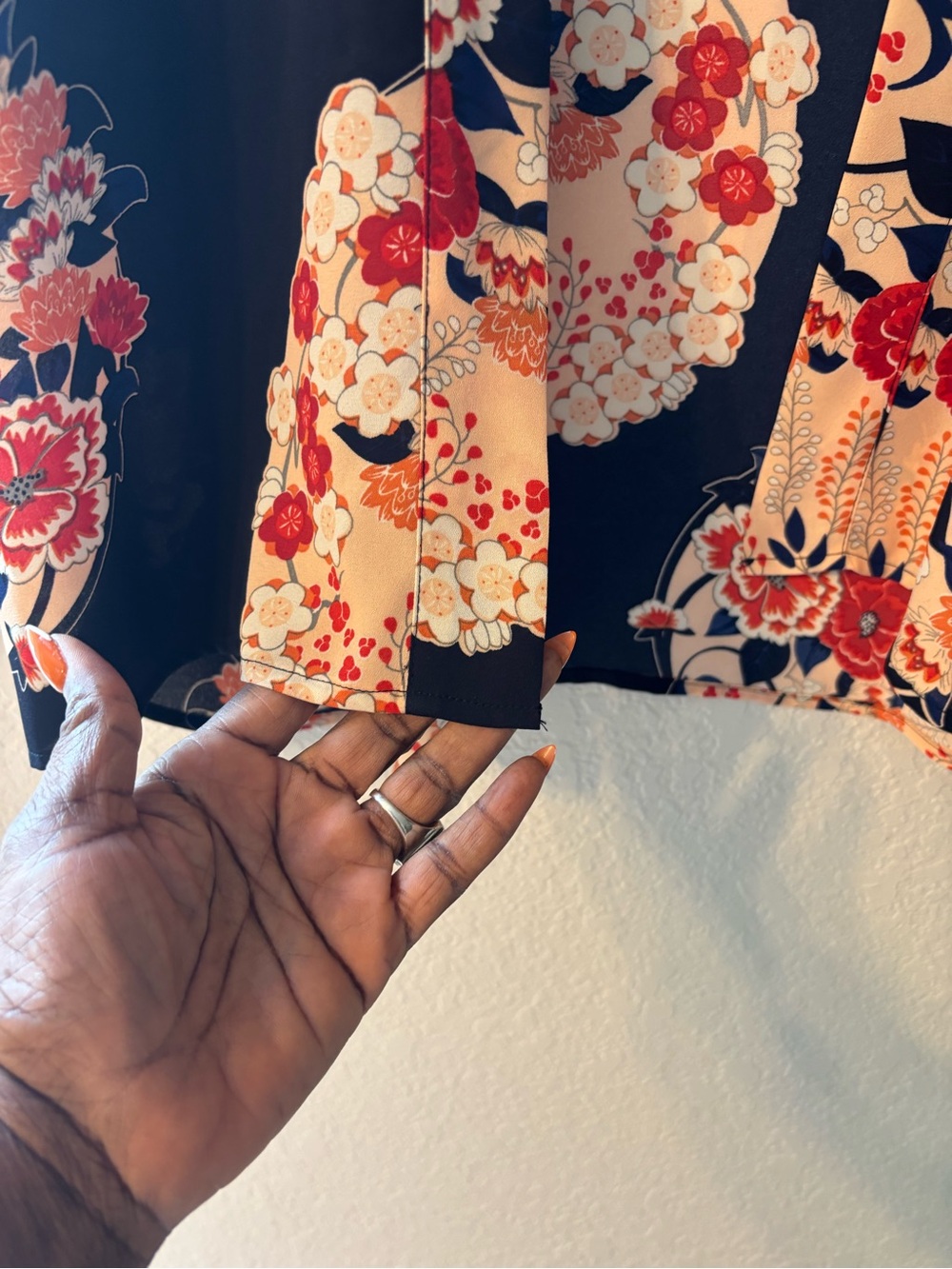Navy blue/ Orange Floral Open-Front Kimono Cardigan - size S Boho cottagecore - Picture 3 of 10